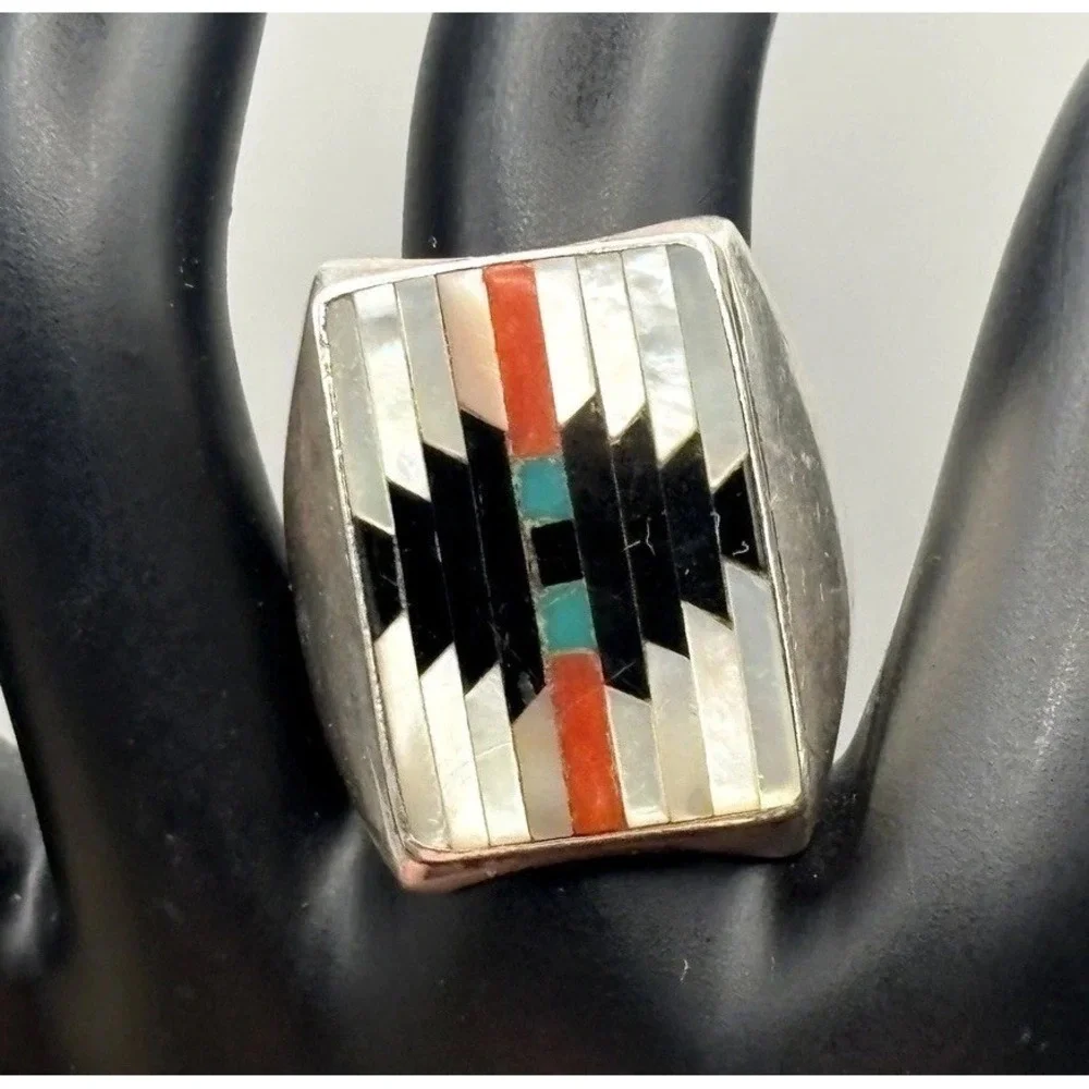 Huge Chunky Southwestern Sterling Silver Inlay Ring Turquoise Coral Black Onyx 9